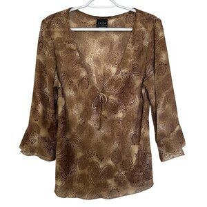 JKLA Y2K Womens Forest Fairy Semi Sheer Brown Paisley Flare Sleeve Top Size L